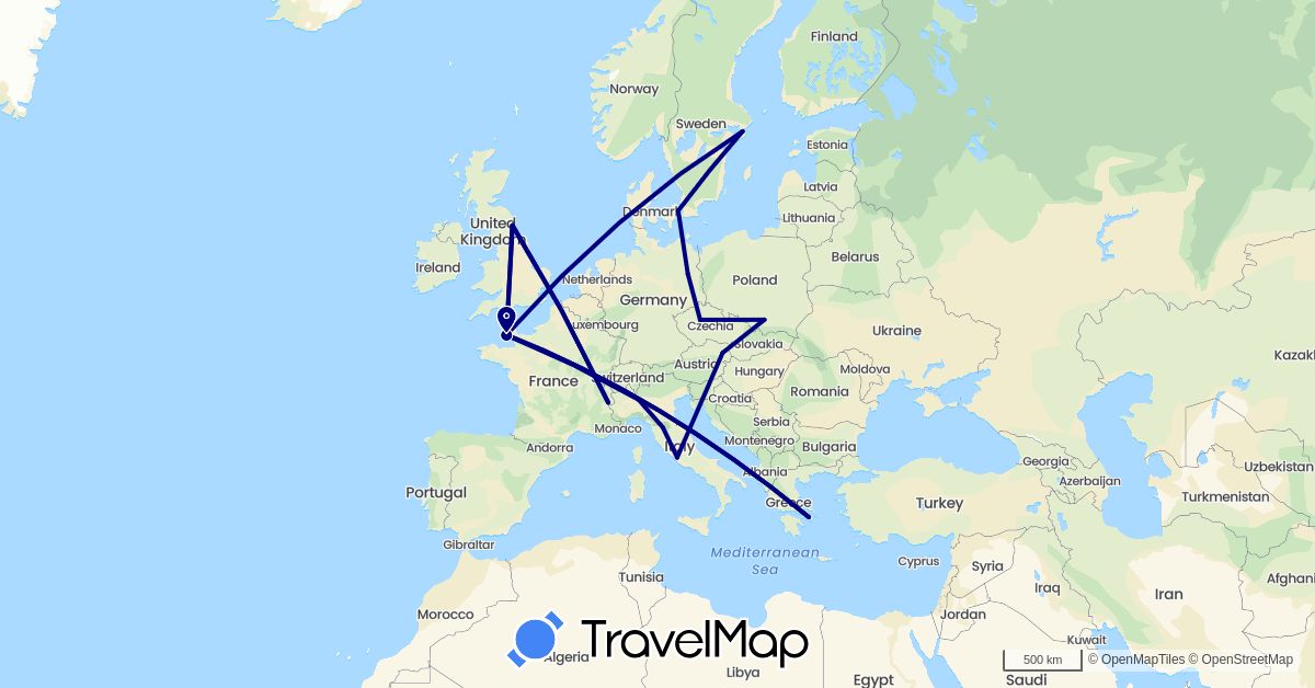 TravelMap itinerary: driving in Austria, Czech Republic, Germany, Denmark, France, United Kingdom, Greece, Italy, Jersey, Poland, Sweden (Europe)